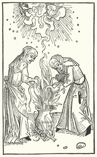 Ilustração de um tratado de Ulrich Molitor sobre mulheres adivinhas e bruxaria (gravura) de German School