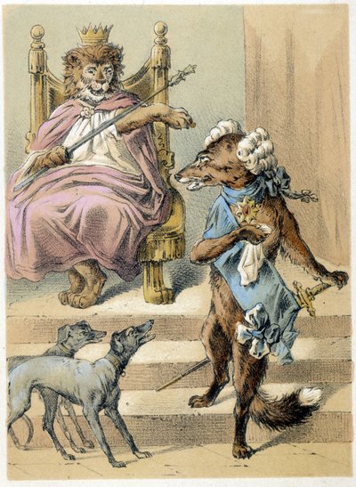 Ilustração dos contos de Franz Hoffmann "Contos e Fábulas - A Raposa": Uma raposa a falar perante o Rei Leão. Cromolitografia do século XIX. de German School