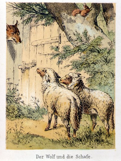 Ilustração dos contos de Franz Hoffmann "Contos e Fábulas - O lobo e as ovelhas": um lobo falando com as duas ovelhas. Cromolitografia do século XIX. de German School