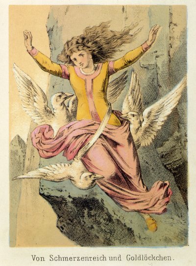 Ilustração dos contos de Franz Hoffmann "Contos e Fábulas - Von Schmerzenreich und Goldl¿kchen": uma mulher rodeada por três pássaros. Cromolitografia do século XIX. de German School