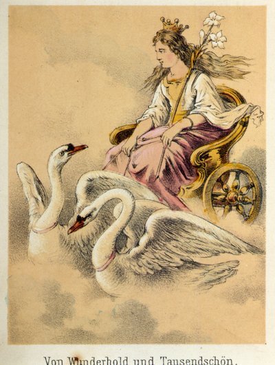 Ilustração dos contos de Franz Hoffmann "Contos e Fábulas - Von Wunderhold und Tausendsch¿n": uma carruagem carregando uma deusa abatida por 2 cisnes. Cromolitografia do século XIX. de German School