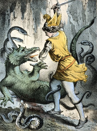 Ilustração dos contos de Franz Hoffmann “” Contos e Fábulas ””: “” Von Wunderhold und Tausendsch¿n ”” (um homem matando um monstro ou dragão). Cromolitografia do século XIX. de German School