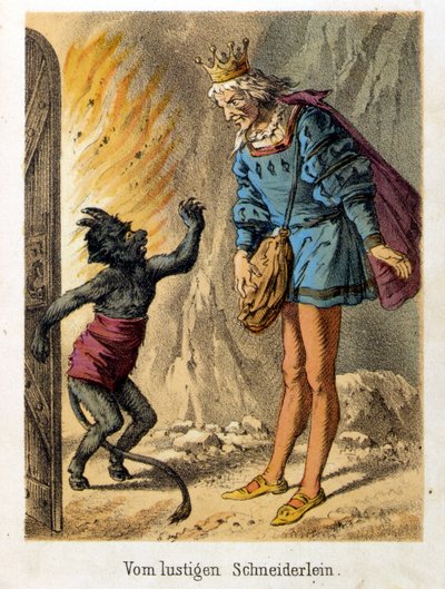 Ilustração dos contos de Franz Hoffmann “” Tales et Fables - Le joyful little tailor ””. Cromolitografia do século XIX. de German School