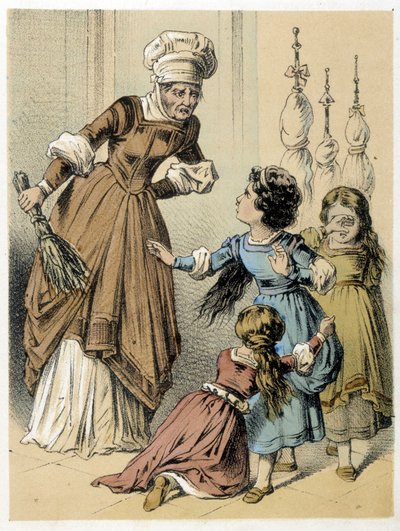Ilustração dos contos de Franz Hoffmann "Contos e Fábulas - Les 3 Gifts": uma mulher abusou das 3 meninas. Cromolitografia do século XIX. de German School