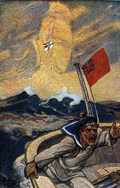 Ilustração da propaganda alemã da revista Jugend durante a 1ª Guerra Mundial. Um marinheiro inglês está aterrorizado com o aparecimento de um navio fantasma arvorando a bandeira do Reich. de German School