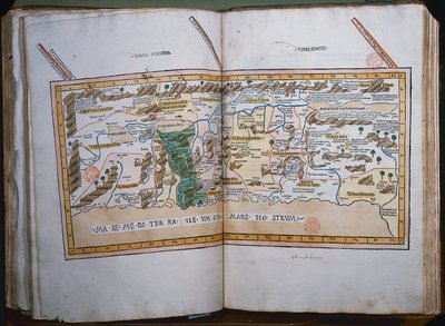 Inc. 425 Mapa da Terra Santa, baseado em descrições e coordenadas dadas em Cosmographica, por Ptolomeu (Cláudio Ptolemaeus de Alexandria) (c.90-168 dC) publicado em Ulm, Alemanha, por Johann Reger de German School