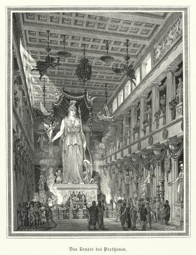 Interior do Partenon, Atenas, com a estátua colossal da deusa grega Atena (gravura) de German School