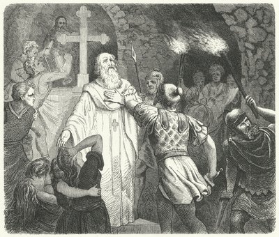 Interrupção de um serviço cristão nas catacumbas romanas (gravura) de German School