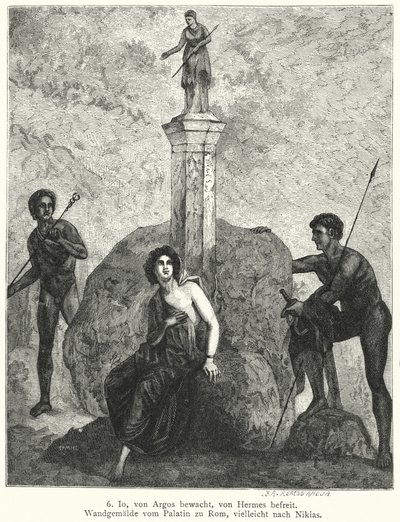 Io, guardada por Argus Panoptes por ordem da deusa Hera, sendo vigiada por Hermes, enviada por Zeus para a raptar, pintura mural romana (gravura) de German School