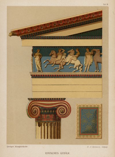 Entablatura iónica, arquitectura grega antiga (cor litho) de German School