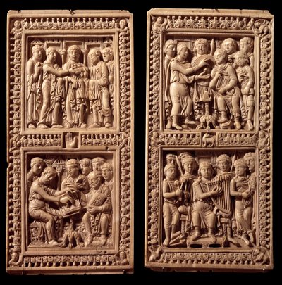 Amarrações de marfim do Saltério de Dagulf: David, São Jerônimo. Foi encomendado por Carlos Magno ao escriba Dagul (ou Dagulfe) para o Papa Adrien I. Fim do século VIII. De Aix la Chapelle. Paris, Museu do Louvre. de German School