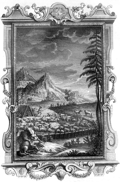 Jacó, o fiel pastor, protegendo seu rebanho de ovelhas do ataque de lobos, 1731 (gravura em chapa de cobre) de German School