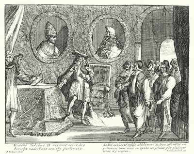 James II da Inglaterra recusa-se a permitir que o Parlamento se sente (gravura) de German School