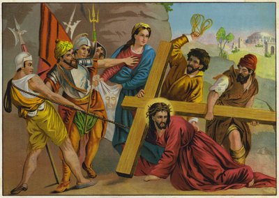 Jesus caindo sob o peso da sua cruz a caminho da crucificação (litografia a cores) de German School