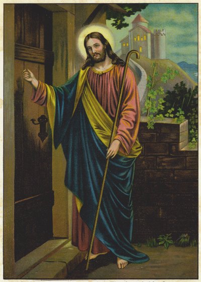 Jesus a bater à porta de uma casa (litografia a cores) de German School