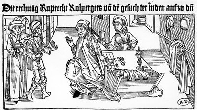 Prestamista judeu com sua família recebendo clientes, 1491 (gravura em madeira) de German School