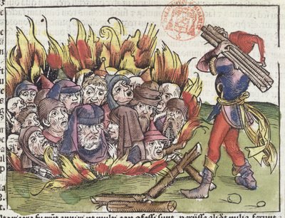 Judeus queimados na fogueira, do Nuremberg Chronicle de Hartmann Schedel (1440-1514), 1493 (xilogravura a cores) de German School