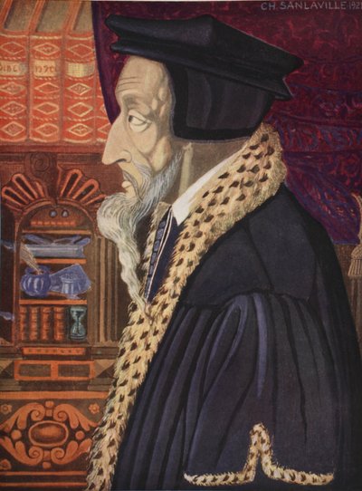 João Calvino, copiado por M. Charles Sanlaville (fl. 1920-2030), ilustração da História da nação francesa, por Gabriel Hanotaux (1853-1944), 1924 de German School