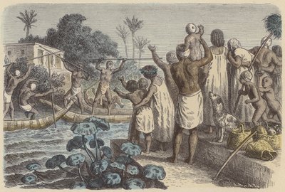 Jousting em barcos no Antigo Egipto (gravura colorida) de German School