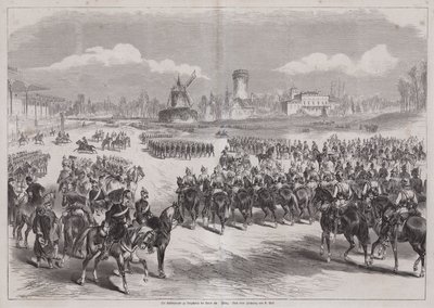 Kaiser Wilhelm I da Alemanha assistindo ao desfile do seu exército em Longchamp, Paris, França, março de 1871 (gravura) de German School