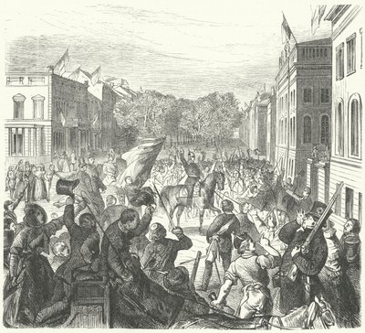 Rei Frederick William IV da Prússia passando pela Universidade de Berlim a caminho de assistir a um funeral em massa de civis mortos em tumultos, 21 de Março de 1848 (gravura) de German School