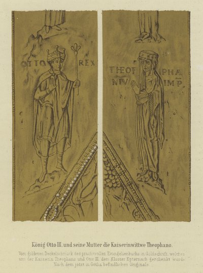 Rei Otto III e sua mãe Teofania, Imperatriz Consorte de Otto II, Santo Imperador Romano (cor litho) de German School