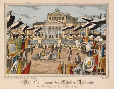 Colocação da pedra fundamental do monumento Schiller na Gendarmenmarkt, Berlim, 10 de novembro de 1859, com o Schauspielhaus ao fundo, da Neuruppiner Bilderbogen, publicado pela Oehmigle & Ri de German School