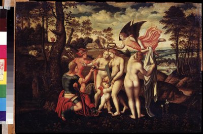 ""O julgamento de Páris"" O pastor Páris deve escolher a quem dará a maçã de ouro para designar a mais bela das três deusas, Atena, Afrodite ou Hera. Pintura da escola alemã do século XVI. Museu Pushkin Moscou de German School