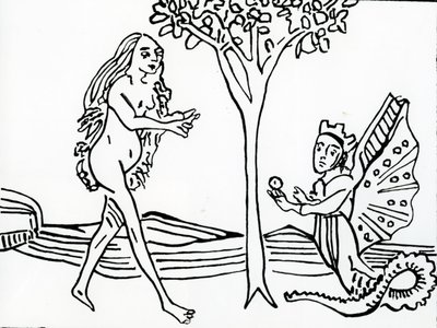 Lilith, alada e coroada, com cauda de serpente, oferece a maçã a Eva, de &39;Speculum Humanae Salvationis&39;, depois do original de 1470 de German School