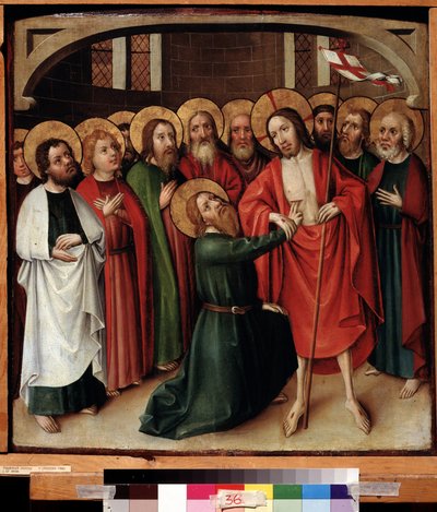 A incredulidade de São Tomás. Jesus Cristo segura uma bandeira branca (padrão) com uma cruz vermelha e a sua omoplata é marcada com uma cruz. Pintura por um mestre suábio (activo por volta de 1500), óleo sobre madeira, 64 x 62 cm, v de German School