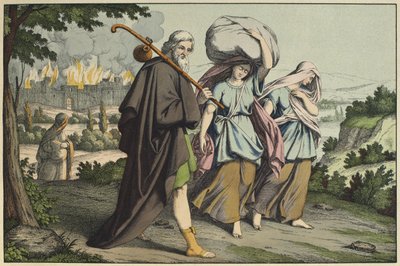 Lot e suas filhas fugindo, ilustração de LAncien Testament, publicado por Jakob Ferdinand Schreiber, Esslingen (gravura colorida) de German School