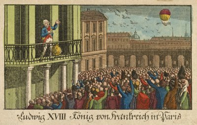 Luís XVIII Rei de França em Paris, pub. 1814 (gravura a cores) de German School