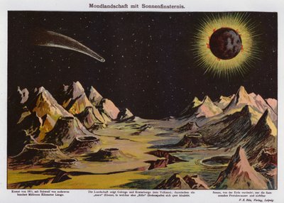Paisagem lunar, eclipse solar e cometa de 1911 (litografia a cores) de German School