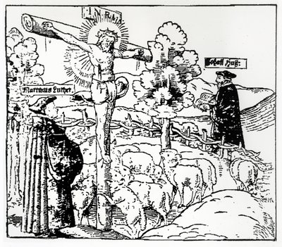 Lutero (1483-1546) e Hus (1369-1415) com Cristo no redil, c.1520-21 de German School