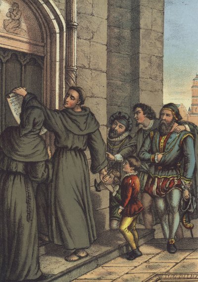 Lutero pregando suas 95 teses à porta da Igreja Todos os Santos, Wittenberg (chromolitho) de German School