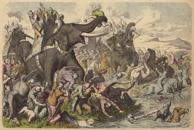 Macedónios que usam elefantes de guerra numa batalha com os Dacianos e Sarmatianos (gravura colorida) de German School