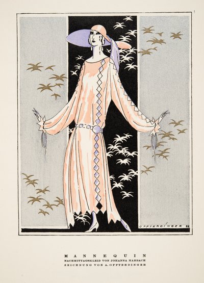 "Mannequin", anúncio de um vestido de Johanna Marbach, de Styl, pub.1922 (gravura em pochoir) de German School