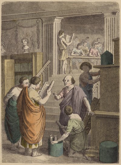Fabrico e comércio de livros na Roma Antiga (gravura a cores) de German School