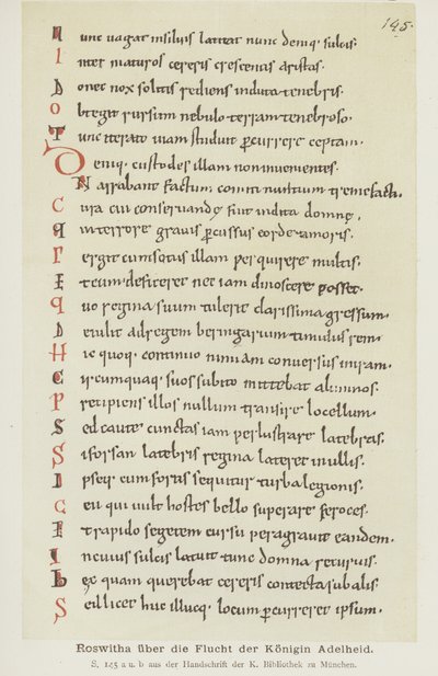 Manuscrito escrito por Hrotswitha de Gandersheim descrevendo a fuga da rainha Adelheid de German School