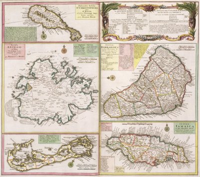Mapa de colônias inglesas nas Caraíbas, bar. por Homanns Heirs, Nuremberg, c.1750 (ver 101837-38 para detalhes) de German School