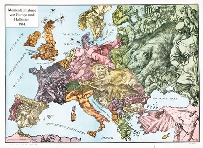 Mapa da Europa em 1914, pub.1915 (litografia a cores) de German School