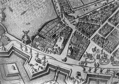 Mapa de Hamburgo mostrando sua primeira Opera House, 1690 de German School