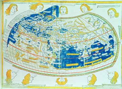 Mapa do mundo, baseado em descrições e coordenadas dadas em "Geographia", de Ptolomeu (Claudius Ptolemaeus de Alexandria) (c.90-168 dC), publicado em Ulm, Alemanha de German School