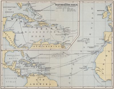 Mapa mostrando as viagens de Cristóvão Colombo, 1492-1504 de German School