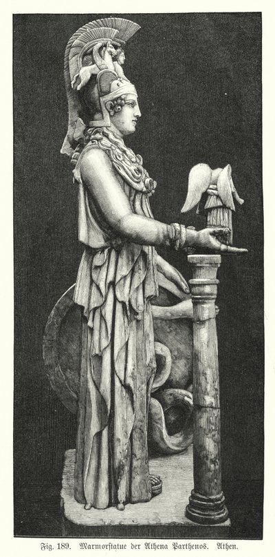 Estátua em mármore da deusa grega antiga Atena, do Pártenon, Atenas (gravura) de German School