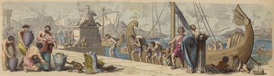 Comércio marítimo na Grécia Antiga (gravura a cores) de German School
