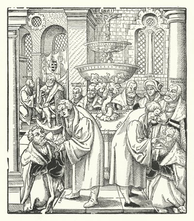 Martin Luther e Jan Hus administrando a Sagrada Comunhão à família real saxônica (gravura) de German School