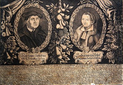 Martin Luther e sua esposa Katharina von Bora (gravura) de German School
