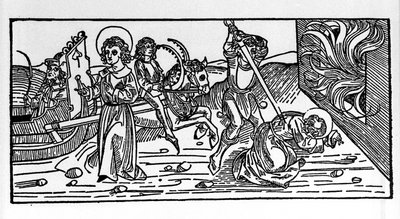 Martírio de São Policarpo de Esmirna (ca. 69-155), eveque. Gravura do "Leben der Heiligen - Sommerteil (livro do santo)" de Jacobus (Tiago) de Voragine (1228-1298) de German School