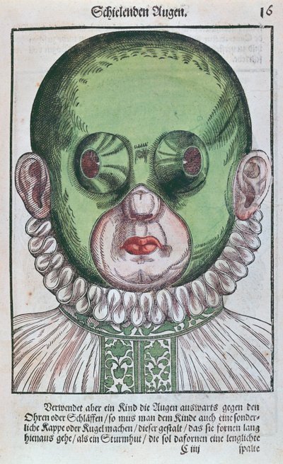 Máscara para tratar um estrabismo, de Ophthalmodouleia por Georg Bartisch (1535-1636) publicado em Dresden em 1583 (impressão em xilogravura a cores) de German School
